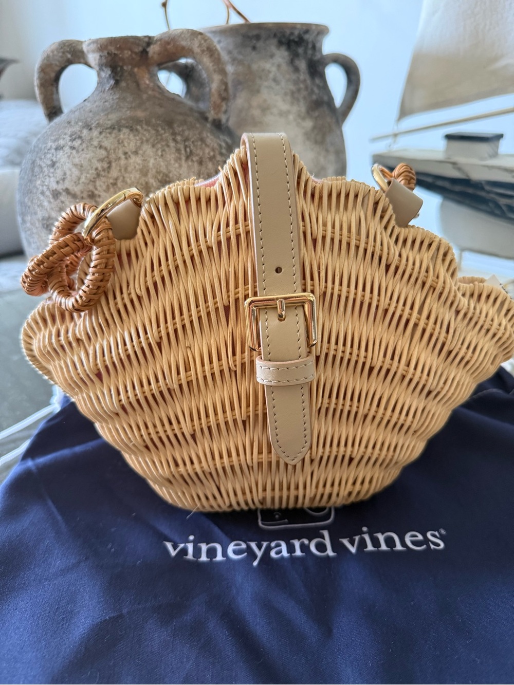 Vineyard Vines Natural Wicker Shell Bag with Cream Leather Strap and Gold Buckle